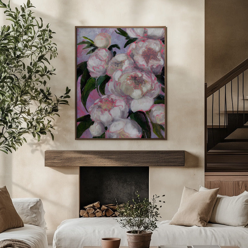 White Peonies Portrait Framed Printed Canvas - Mala Art Co.